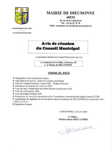Avis de réunion du Conseil Municipal le 24-04-2026