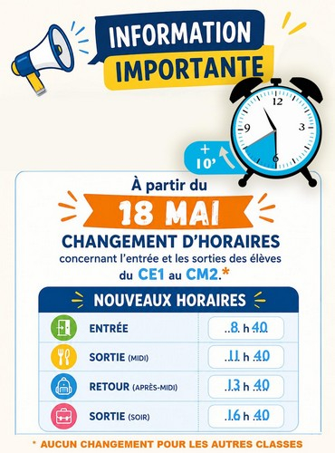 Modification des horaires de l'école des Trois Cahiers