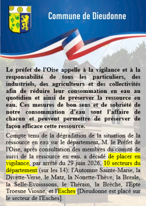 Placement du secteur de l'Esches en catégorie VIGILANCE
