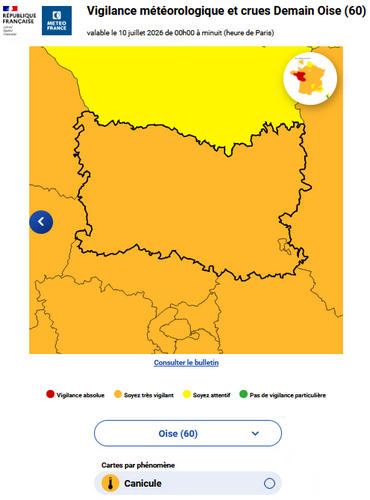 Vigilance Orange Canicule sur l'Oise demain 10-07-2026